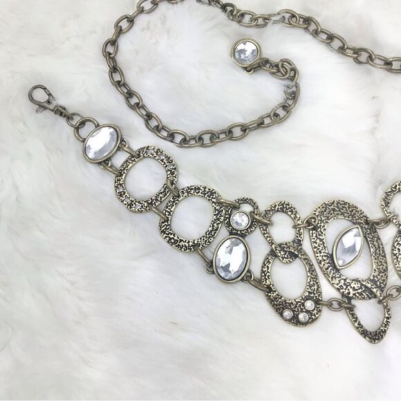 Mottled Burnished Gold Tone Ovals and Gemstone Retro Statement Chain Belt - Picture 3 of 12